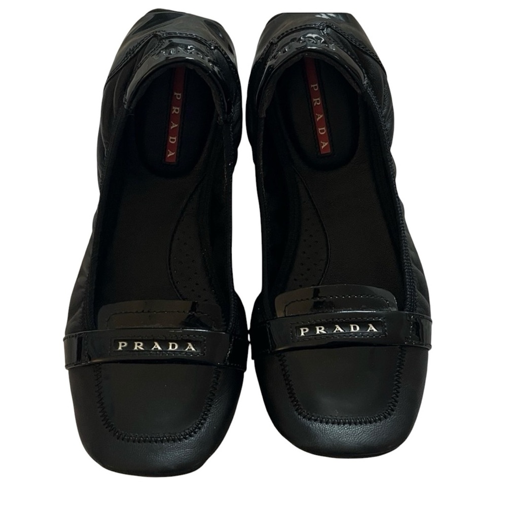 Prada Black Patent Leather Ballet Flats Womens Size 36.5 EU 6.5 US Logo Slip on - Picture 3 of 12